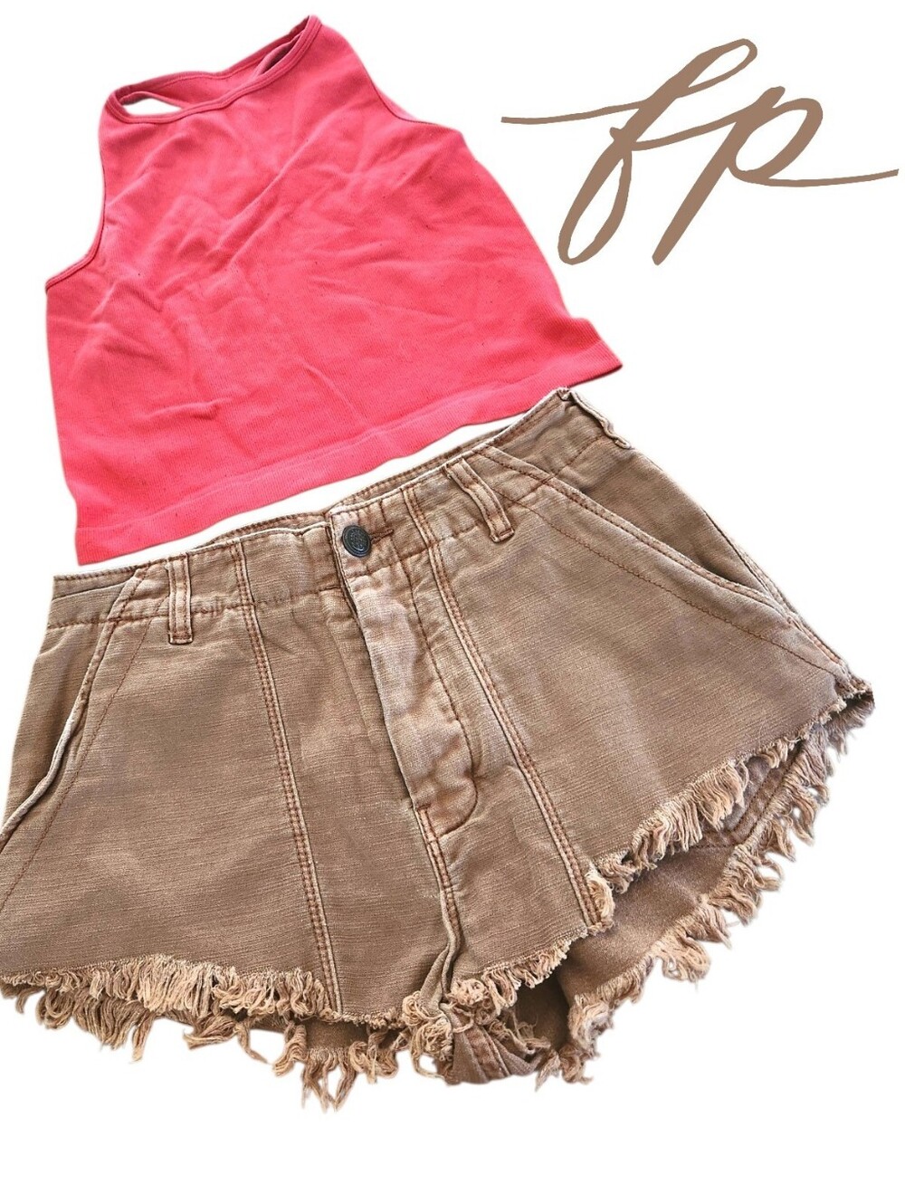 FREE PEOPLE SHORT SET Brown Frayed Denim Shorts Sz 0 + Racerback Crop Top Sz XS